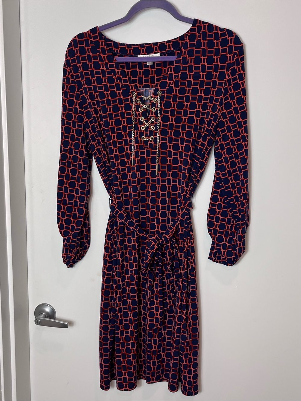 Spense Geometric V-Neck Long Sleeve Dress Navy Red Lace Up Chain Print Size 10